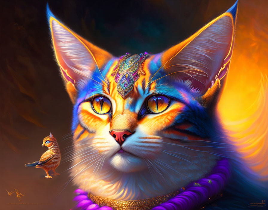 Colorful digital artwork: Majestic cat with ornate patterns, small bird, warm fiery tones