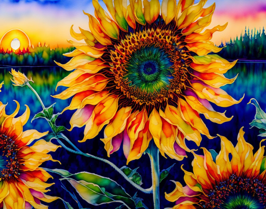 Bright Sunflowers Blooming in Colorful Sunset Sky