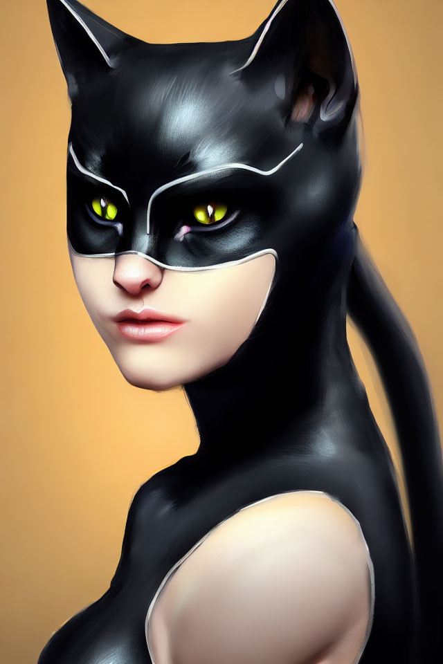 Illustration of person in stylized black cat costume with green eyes