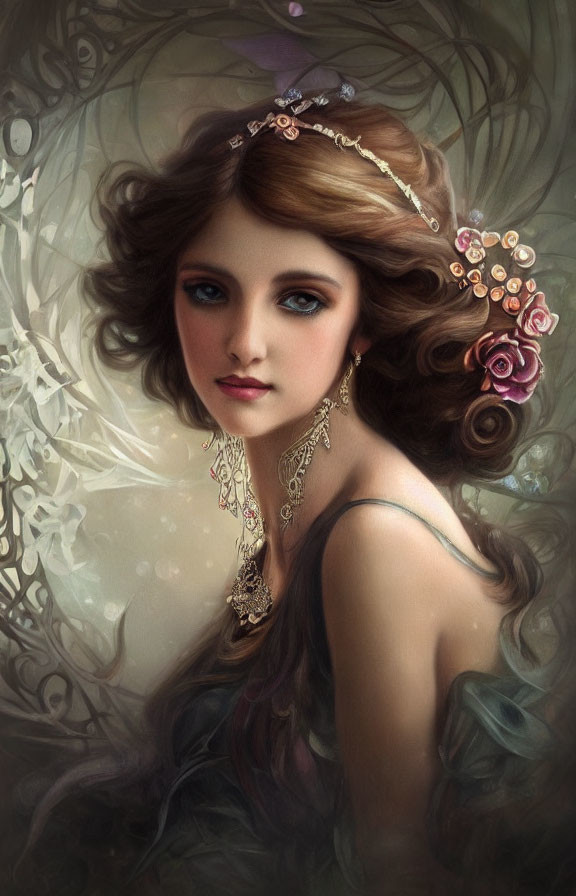 Portrait of fantasy woman with flowing brown hair, adorned with flowers and elegant jewelry