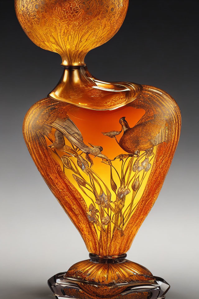 Amber Glass Vase with Bird and Floral Designs