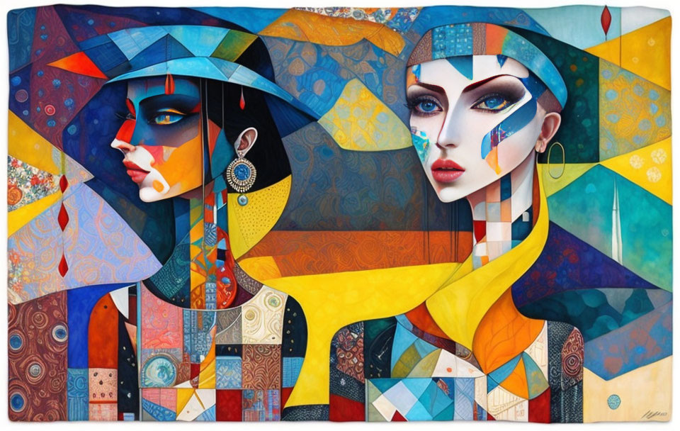 Colorful Cubist-Style Portrait of Two Women with Geometric Patterns