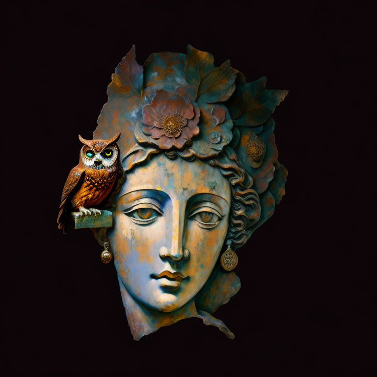 Bronze sculpture of woman's face with leaves, flowers, and owl on shoulder