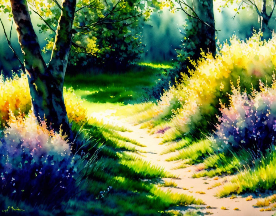 Colorful Spring Forest Path Painting: Vibrant, Sunlit Scene