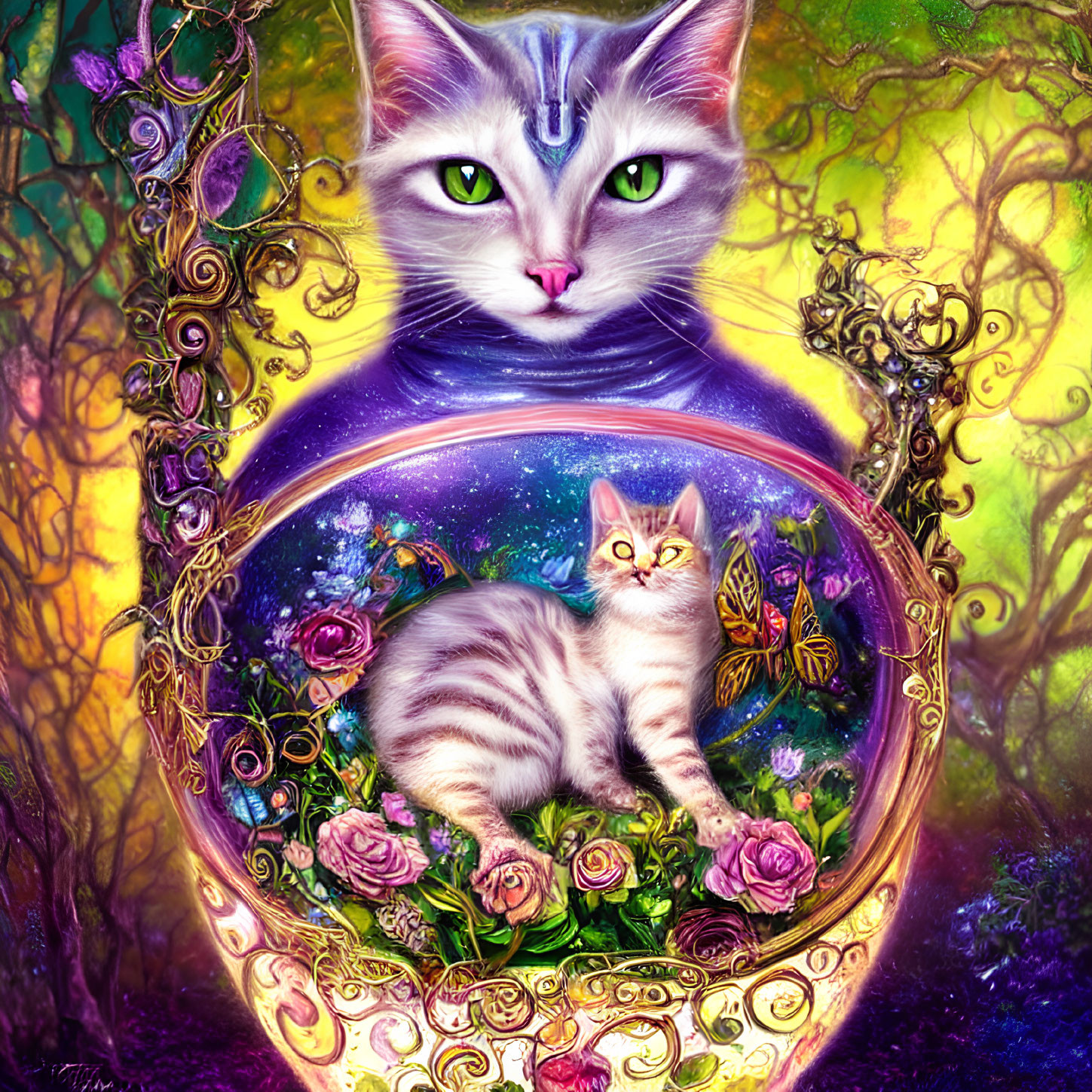 Colorful fantasy artwork: Large cat head above cosmic sphere with smaller cat, flowers, butterflies.