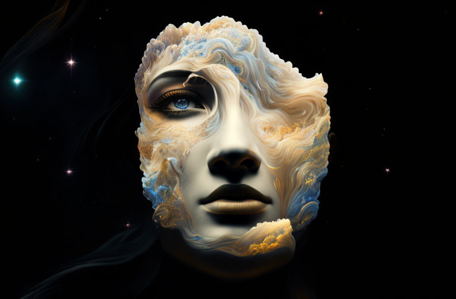 Surreal portrait of feminine face with cloud, star, and nebula elements on cosmic background.