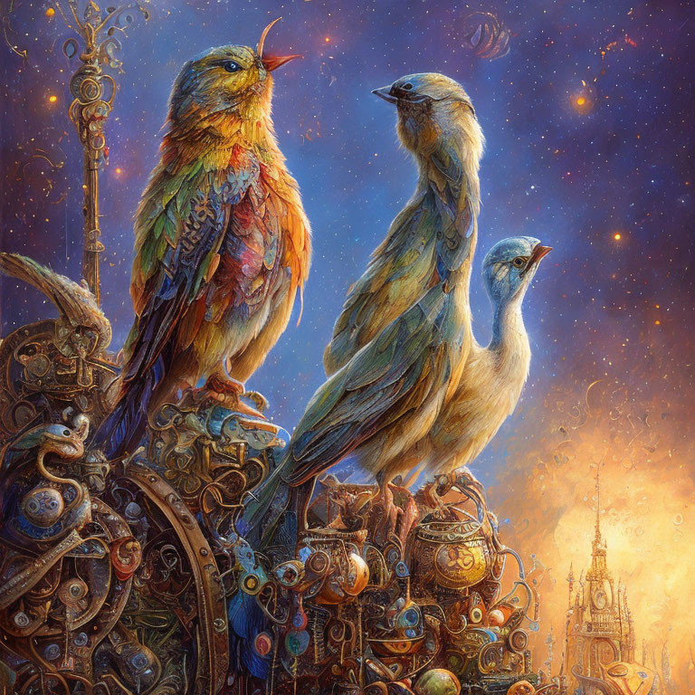 Three vibrant birds on steampunk machinery with twilight sky backdrop