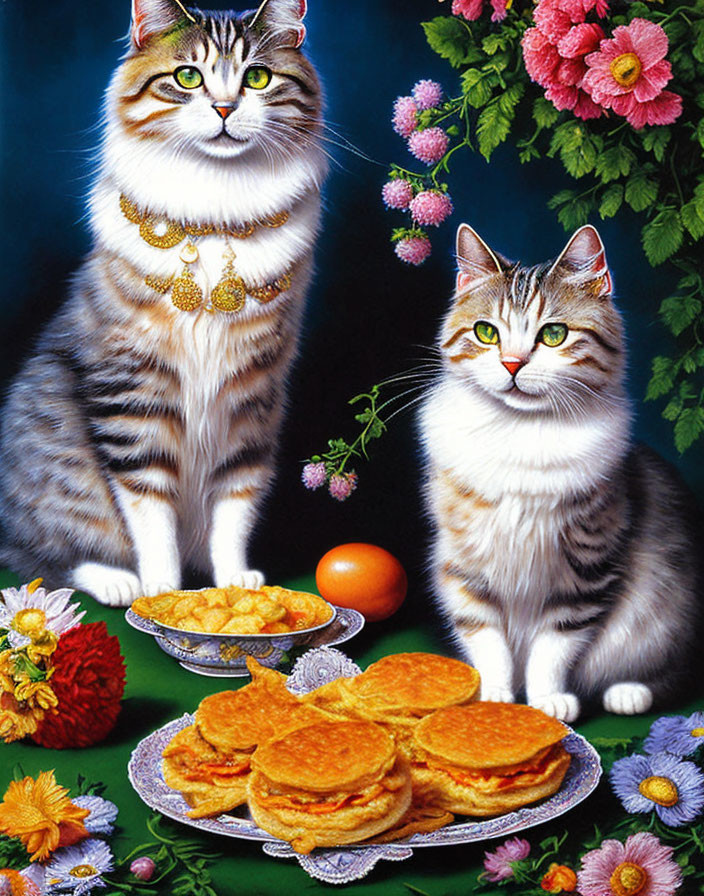 Two cats with necklaces near pancakes and orange on table with flowers on blue background.