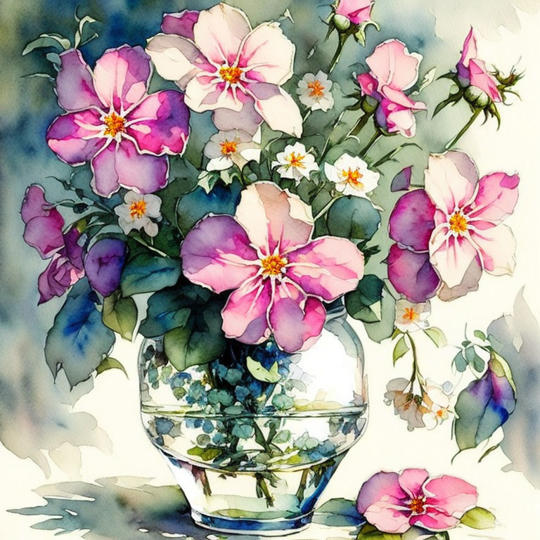 Pink and Purple Flower Bouquet in Glass Vase Watercolor Painting