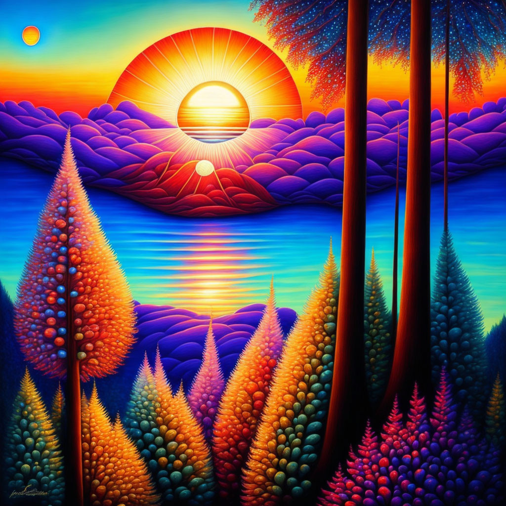 Colorful surreal landscape with stylized trees, setting sun, and wavy water reflection