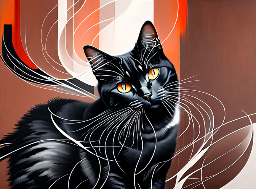 Stylized black cat with amber eyes on red and white abstract background