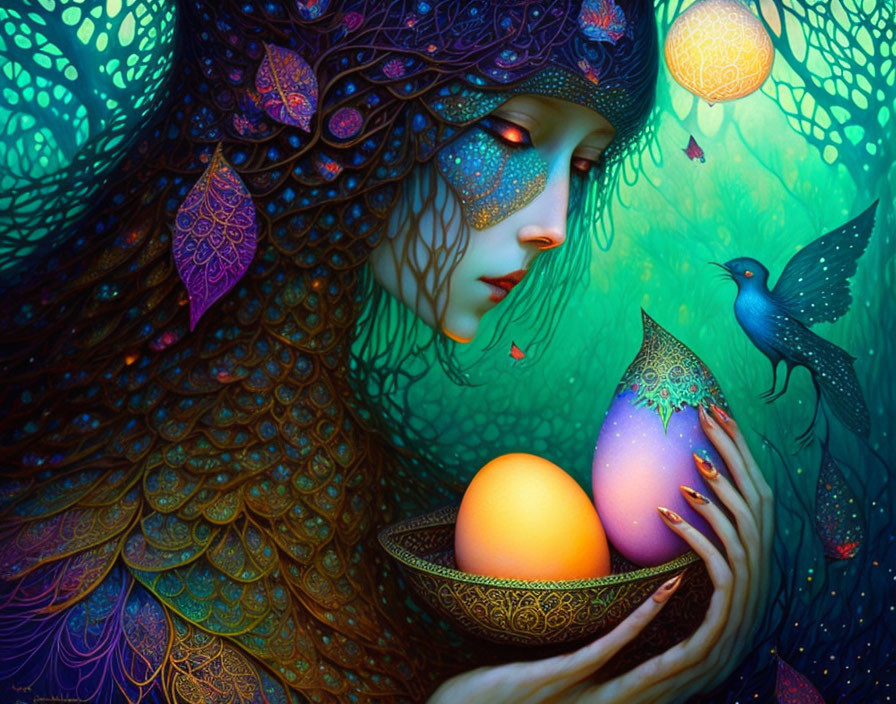 Colorful artwork of a woman holding glowing eggs with bluebird in teal background