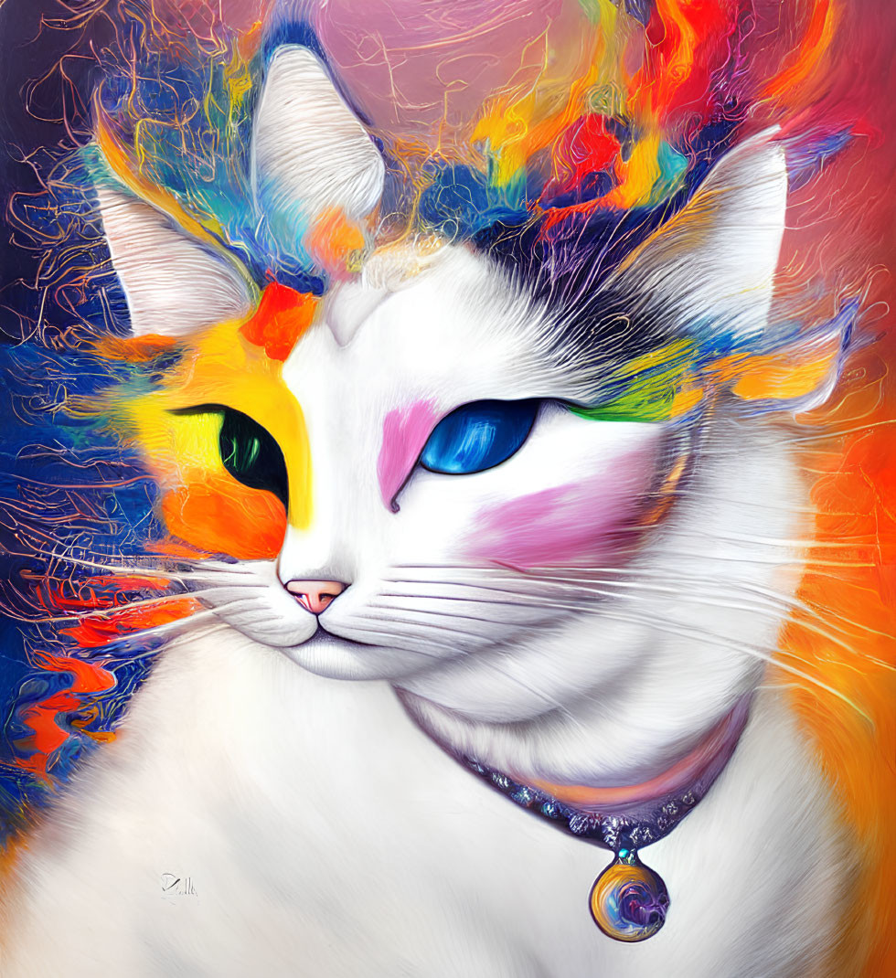 Colorful Digital Painting of White Cat with Neon Swirls & Yin-Yang Collar