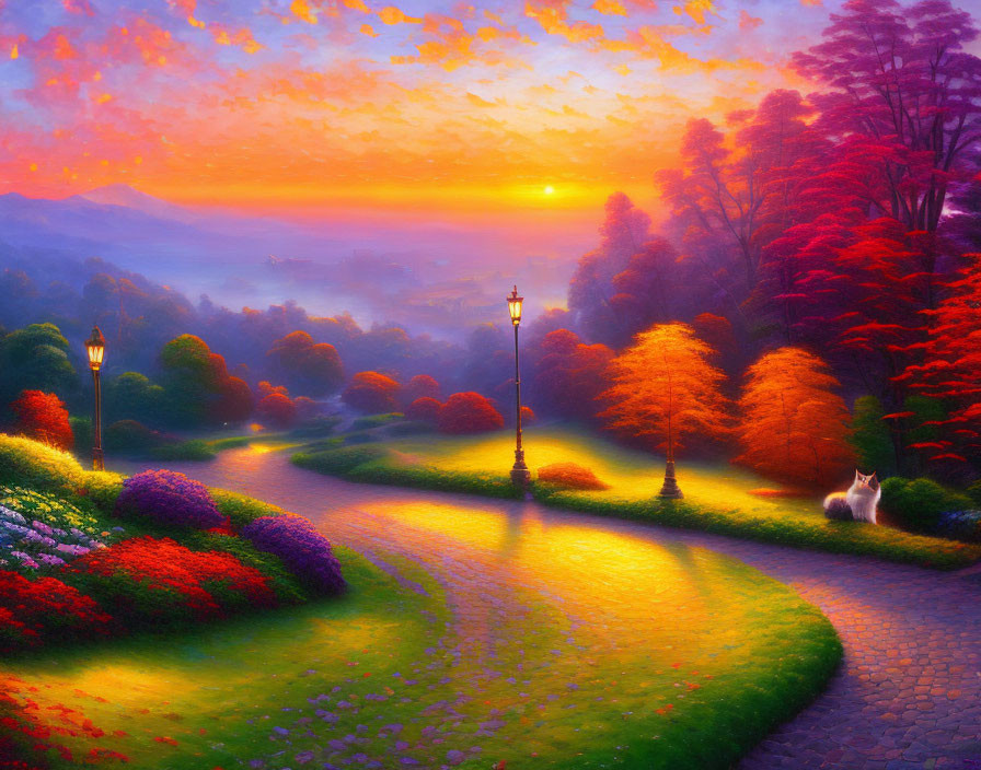 Colorful sunset landscape with trees, path, lamps, and white cat