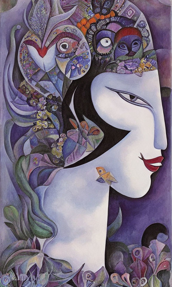 Vibrant painting of female figure with plants and butterflies