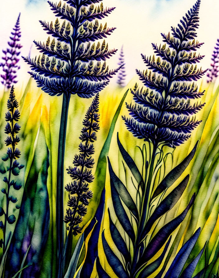 Detailed watercolor painting of tall purple lupine flowers on warm yellow and green backdrop