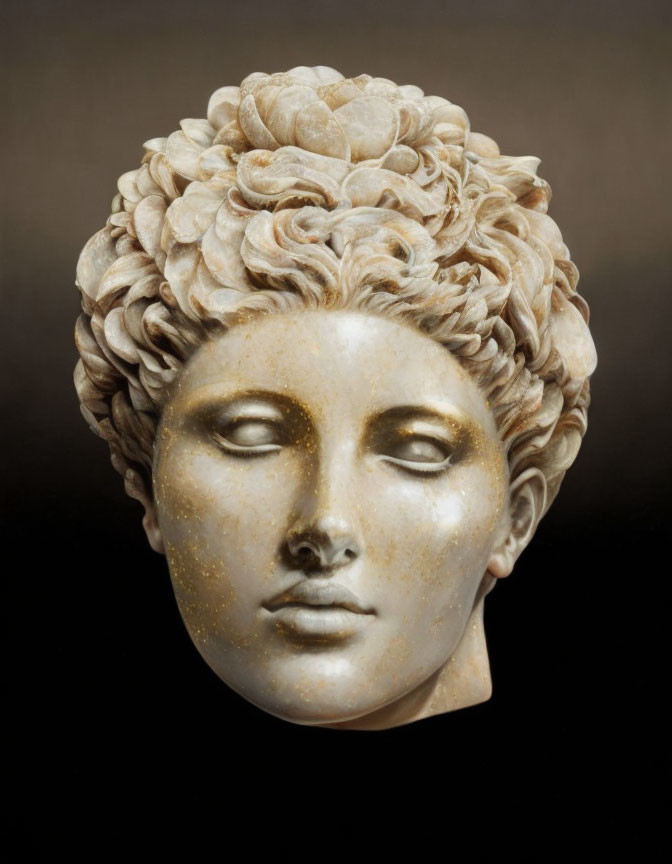 Classical sculpture bust of woman with intricate curly hair and serene expression