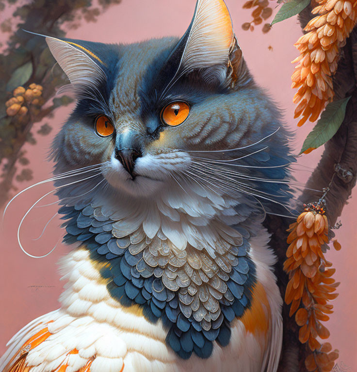 Fantastical cat digital artwork with orange eyes and unique fur features