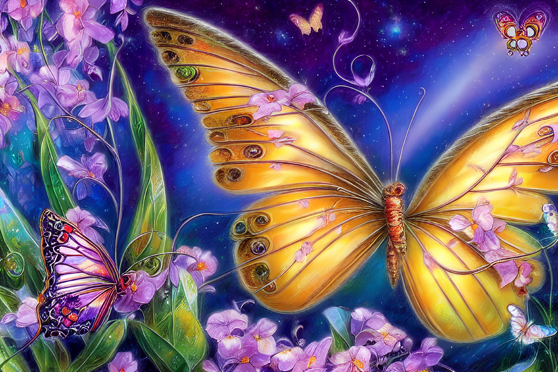 Golden butterfly artwork with intricate wing patterns and cosmic background