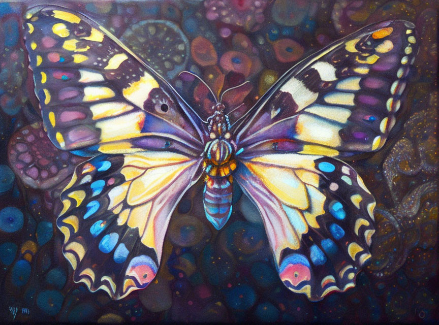 Vibrant butterfly painting with intricate wing patterns on abstract background