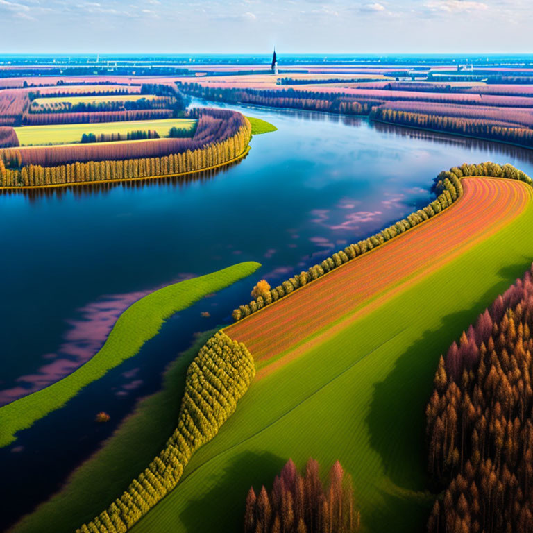 Scenic aerial view of meandering river and colorful fields