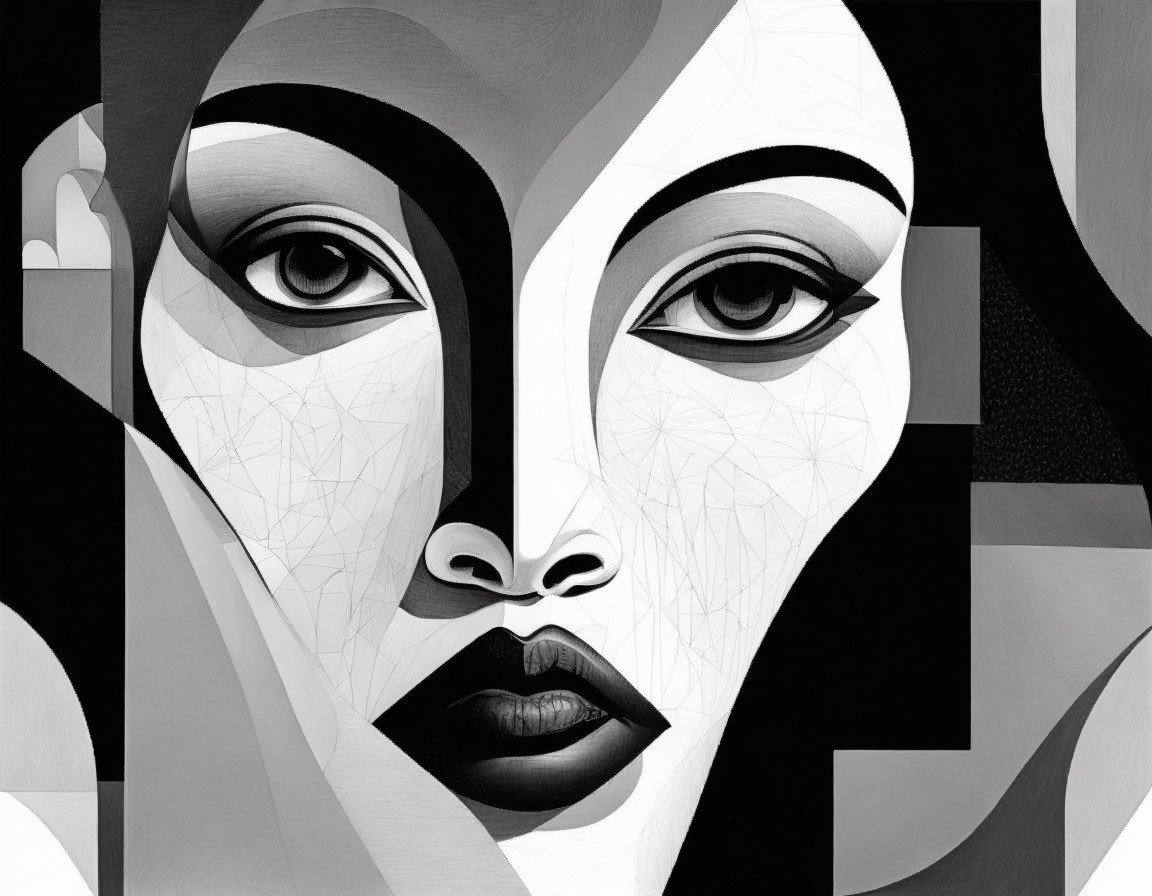 Abstract monochromatic portrait with geometric shapes and contrasting light and dark areas