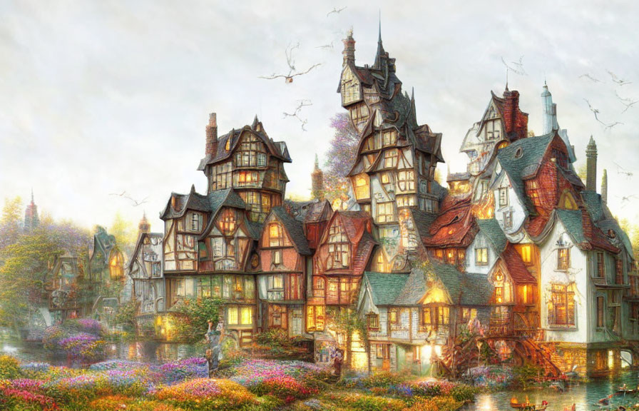 Whimsical Tudor-style village with lush gardens by serene river