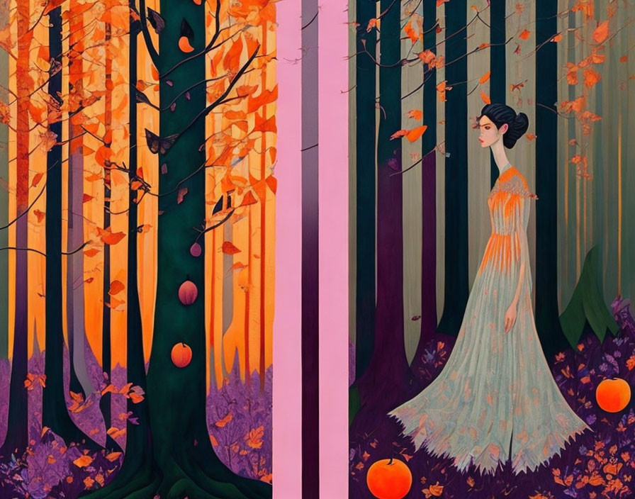 Illustration of woman in long dress in whimsical forest