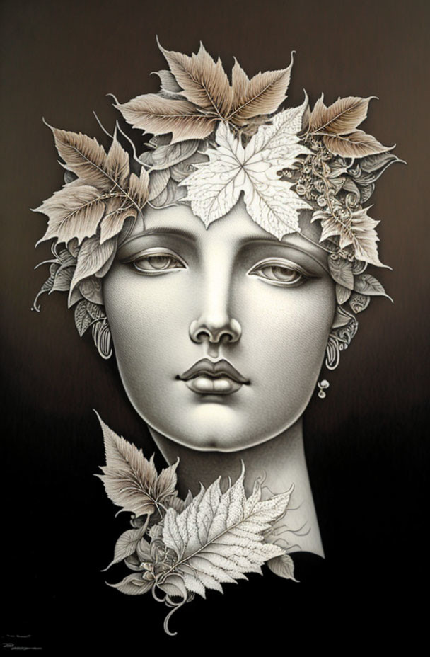 Monochromatic artwork: Serene female face with leaf crown