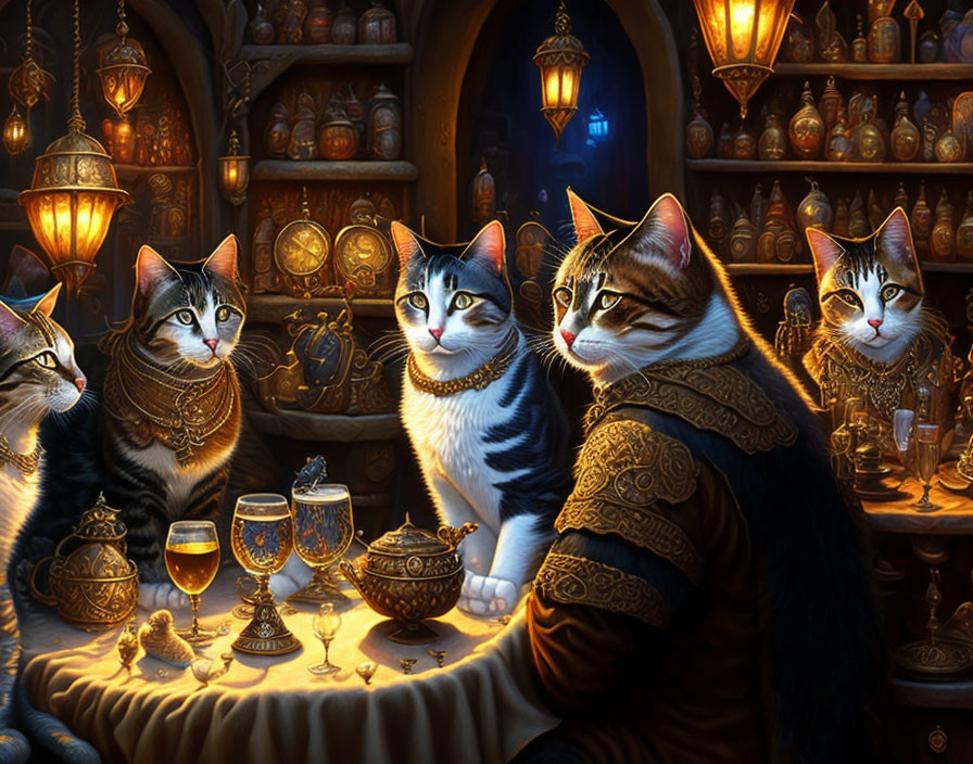 Anthropomorphic cats in medieval attire around a treasure-filled table