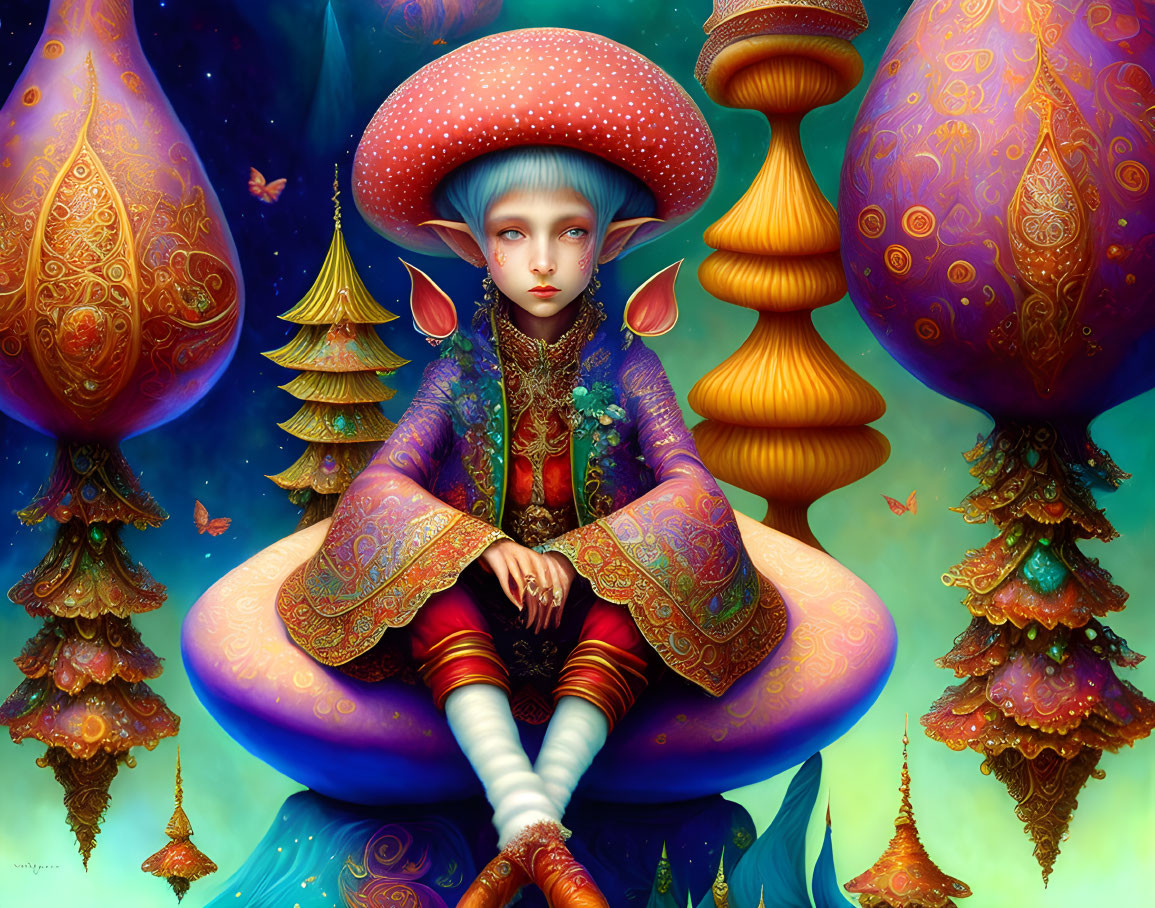 Colorful whimsical character on mushroom with ornate trees & butterflies