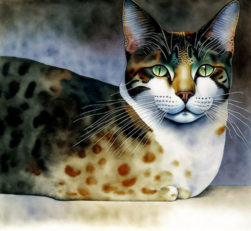 Realistic painting of a cat with intricate markings and green eyes