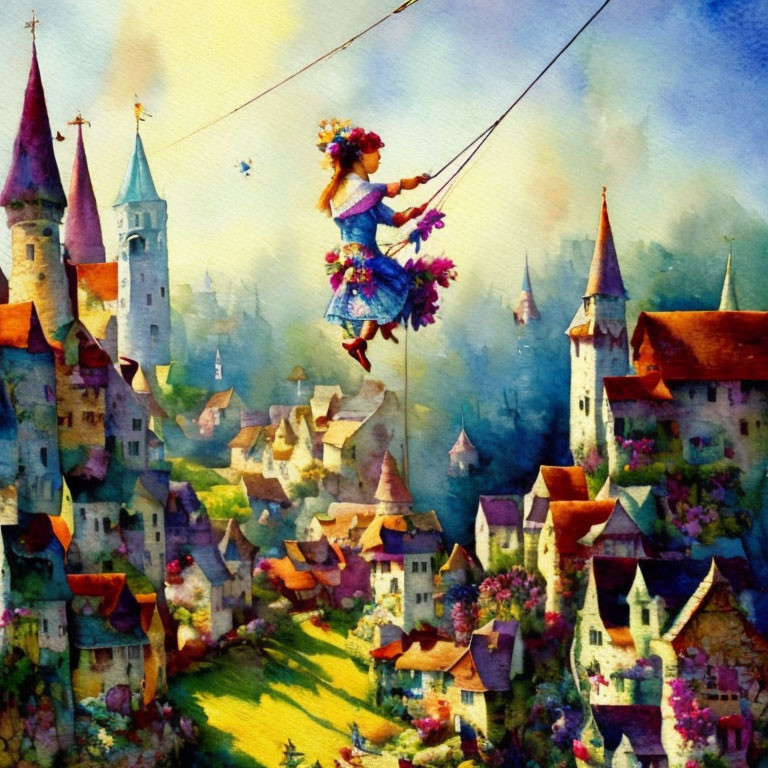 Whimsical watercolor painting of girl on swing above fairy-tale village