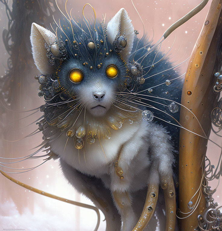 Steampunk cat with golden mechanical eyes and ornate cogs in fur