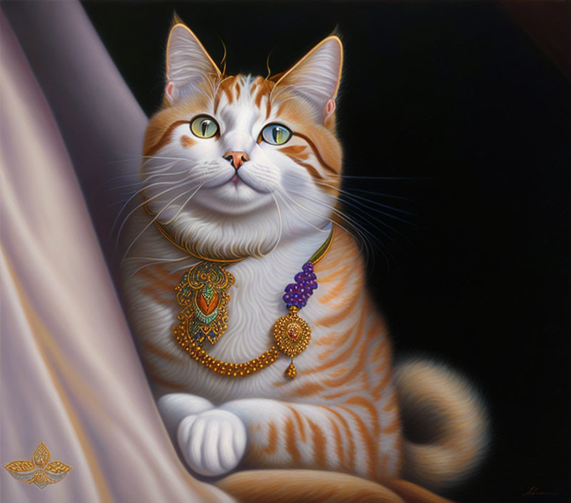 Orange and White Cat with Green Eyes Wearing Gold Jewelry Beside Draped Curtain