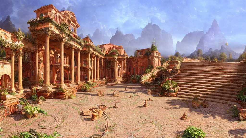 Fantasy ancient city with grand ruins and lush greenery