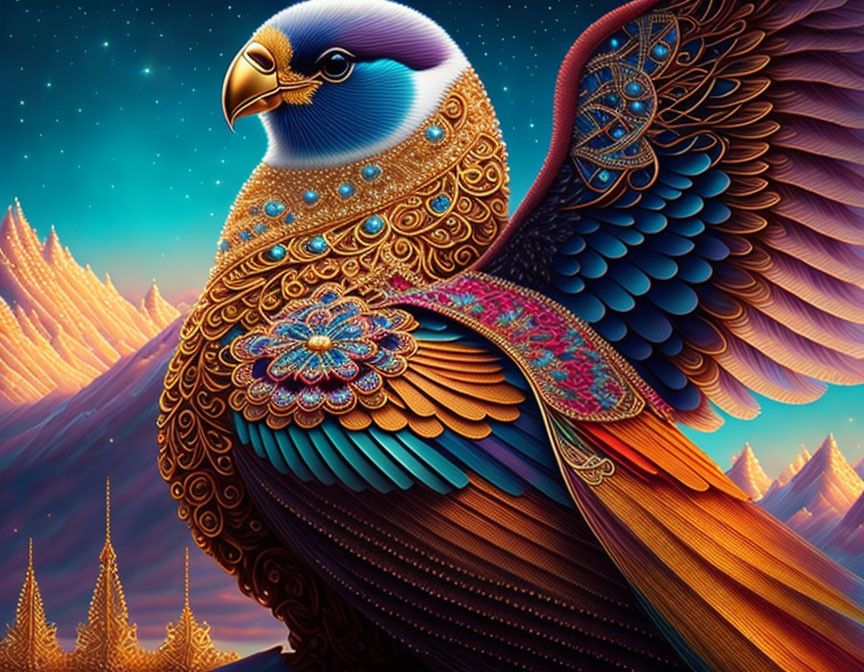 Colorful Eagle Illustration with Intricate Patterns and Jewel Tones