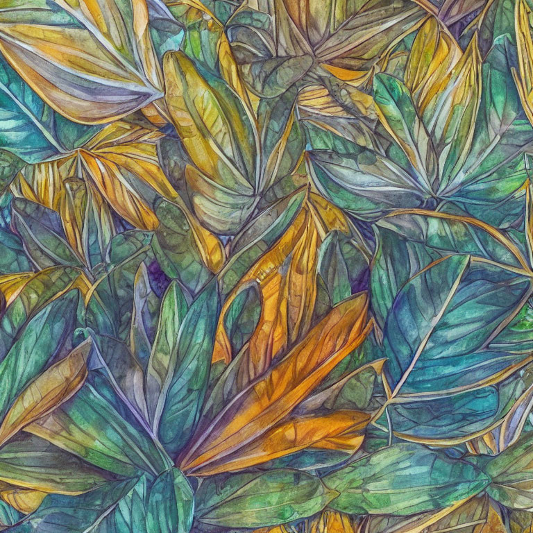 Colorful Tropical Leaves Watercolor Painting in Green, Yellow, Orange, and Blue