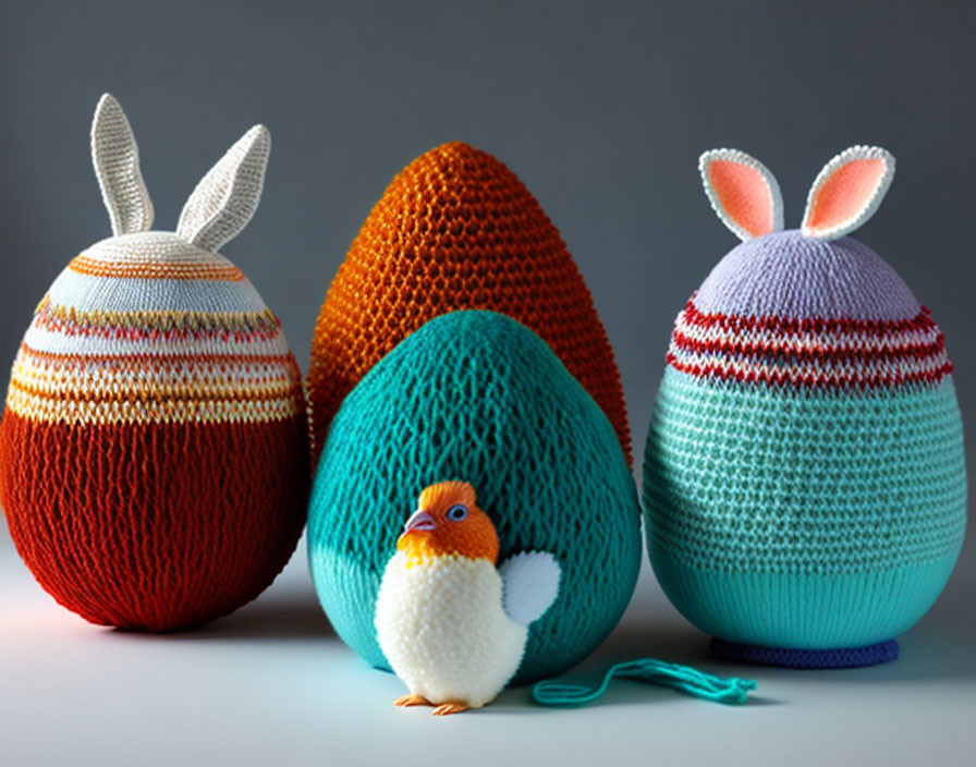 Colorful Knitted Easter Eggs with Bunny Ears and Chick Design