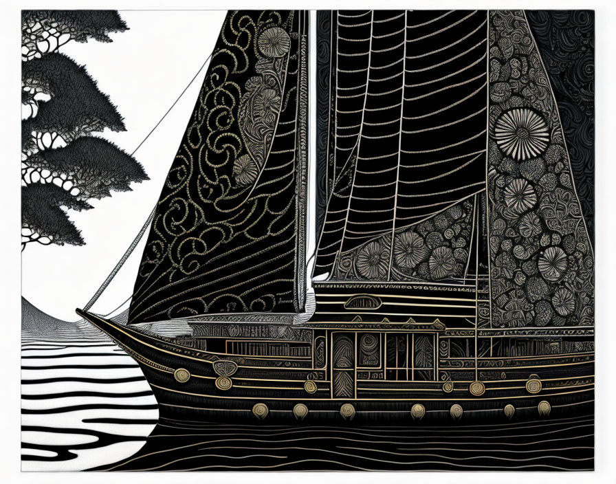 Detailed black and white vintage sailboat illustration on stylized sea and sky