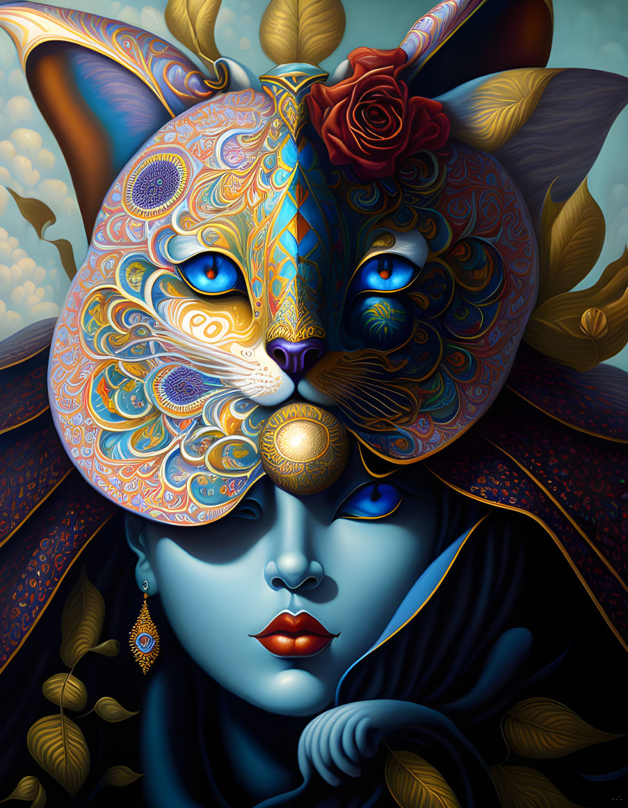 Surreal artwork: Woman with blue skin, red lips, golden cat mask