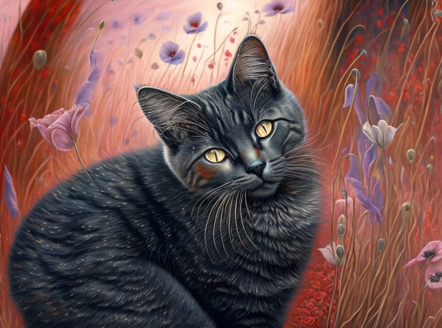 Realistic Gray Tabby Cat Painting with Amber Eyes and Floral Background