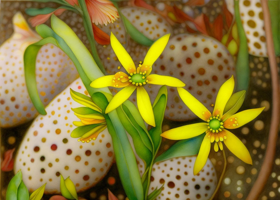 Yellow Flowers and Dotted Eggs on Textured Brown Background