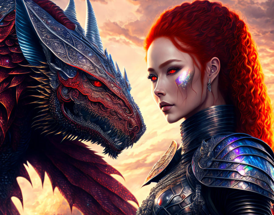 Vibrant red-haired woman in intricate armor with dragon in fiery sky