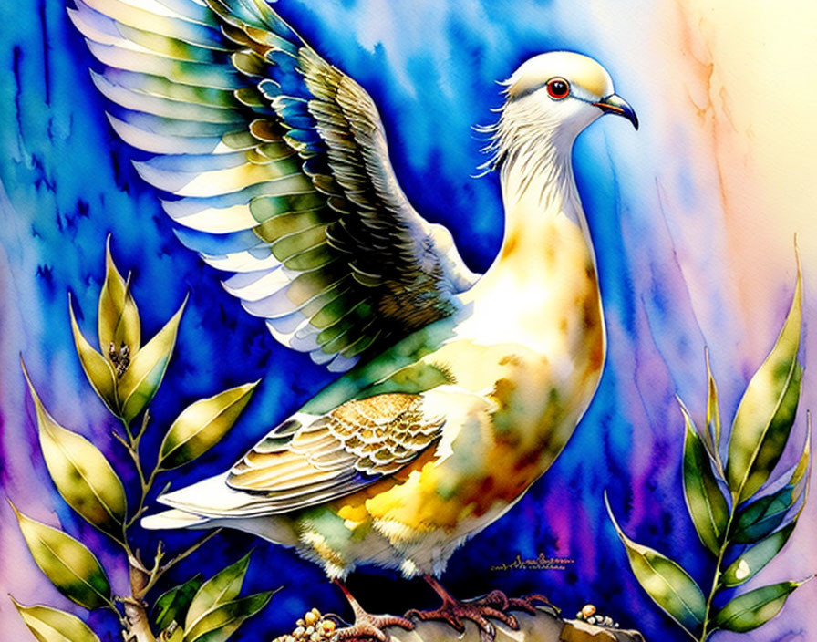 Colorful pigeon illustration in nature with watercolor backdrop