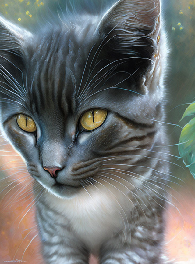 Gray Striped Cat with Amber Eyes in Serene Pose Among Greenery