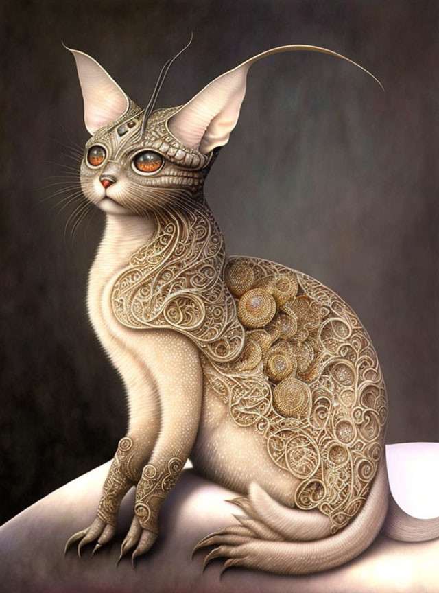 Intricate golden-patterned cat with large ears and orange eyes on dark background