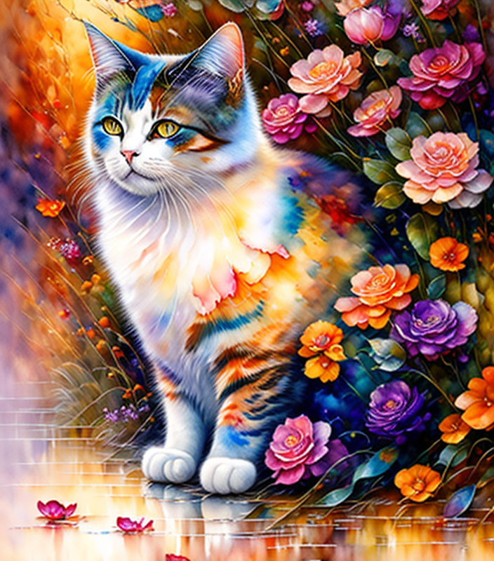 Vibrant Cat Illustration with Colorful Flowers & Dreamy Atmosphere