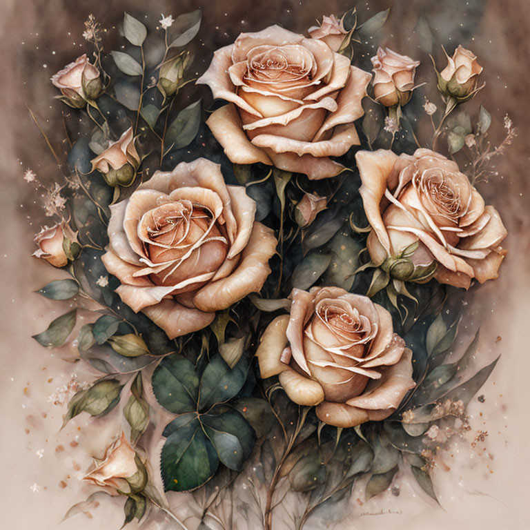 Vintage-Toned Roses Bouquet on Mottled Brown Background