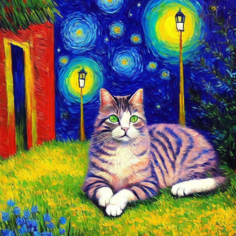 Striped cat painting on grass with starry night sky, street lamp, red door